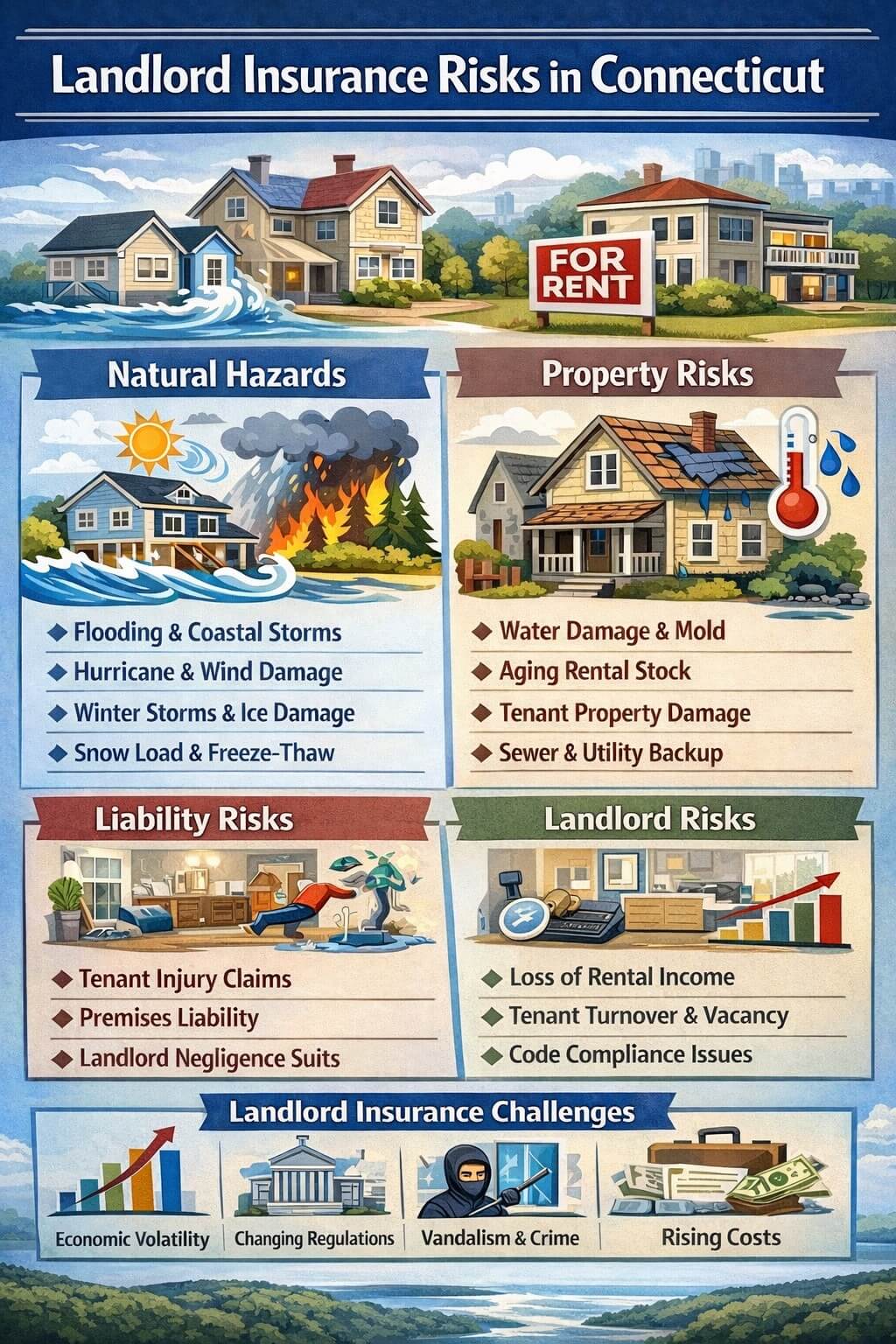 Landlord insurance risks in Connecticut including winter storms, water damage, coastal storms, tenant liability, and aging rental properties
