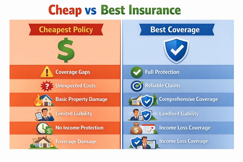 Comparison of cheap landlord insurance versus best landlord insurance coverage, showing coverage gaps, liability protection, and rental income protection